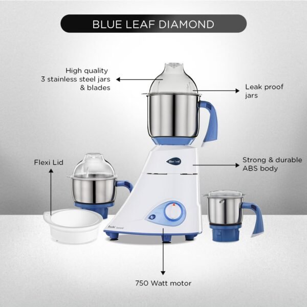 Preethi Blue Leaf Diamond MG-214 750 Watt Mixer Grinder with 3 Jars (Wet Grinding (1.5 litres) + Dry Grinding Jar (0.5 litre) + Chutney Jar (0.4 litre)Stainless steel), Blue/White - Image 5